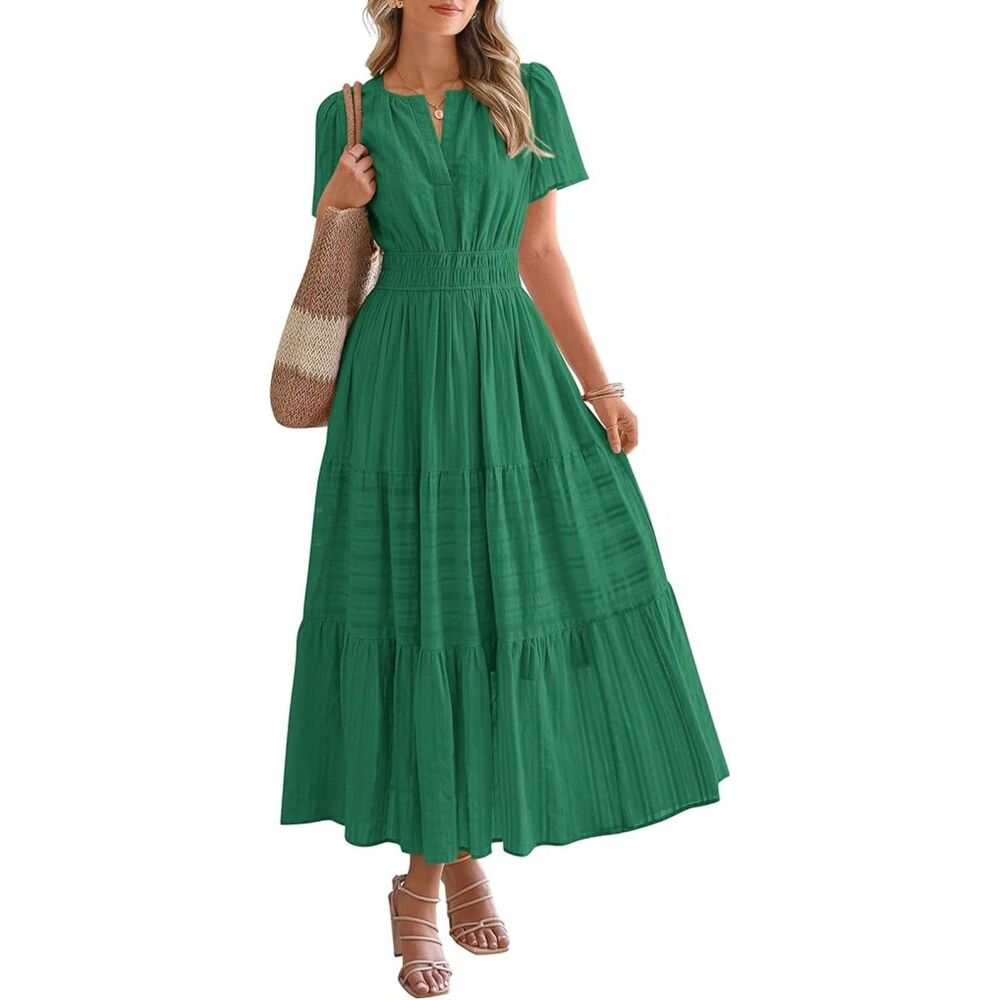 Women's Dusty Green V Neck Short Sleeve A Line Summer Casual Maxi Dresses Pocket
